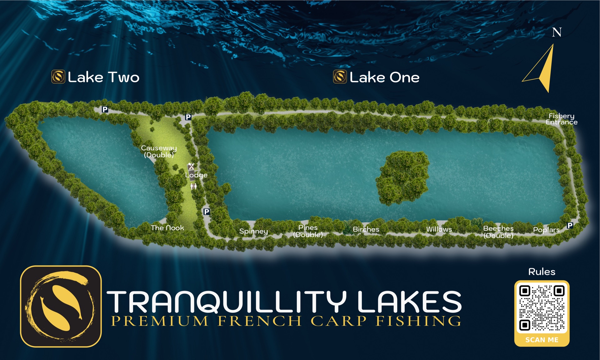 Map of Tranquillity Lakes showing Lake 2 beside Lake 1, with swims and access